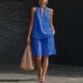 thumbnail image 3 of Linen Short Sets for Women 2 Piece Outfits V Neck Halter Tank Tops Knee Length Bermuda Shorts Beach Loungewear Set,Blue M, 3 of 7