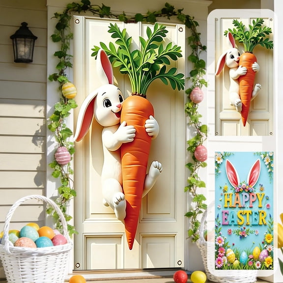AZXY Easter Bunny Door Cover 35x71 Inch, Bunny Hugging Giant Carrot Door Banner Backdrop, Spring Front Door Decorations for Outdoor Porch Farmhouse Easter Party Wall Home Decor