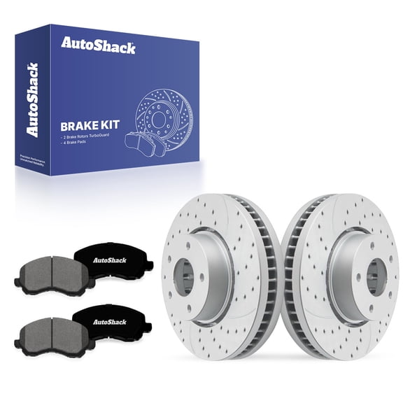AutoShack Front Vented Drilled & Slotted Coated Brake Rotors Silver Matte Finish   Premium Ceramic Pads 6-PC Brake Kit Replacement for 2016-2023 Mazda CX-5 2025 Mazda CX-5 TurboGuard 11.69" (297 mm)