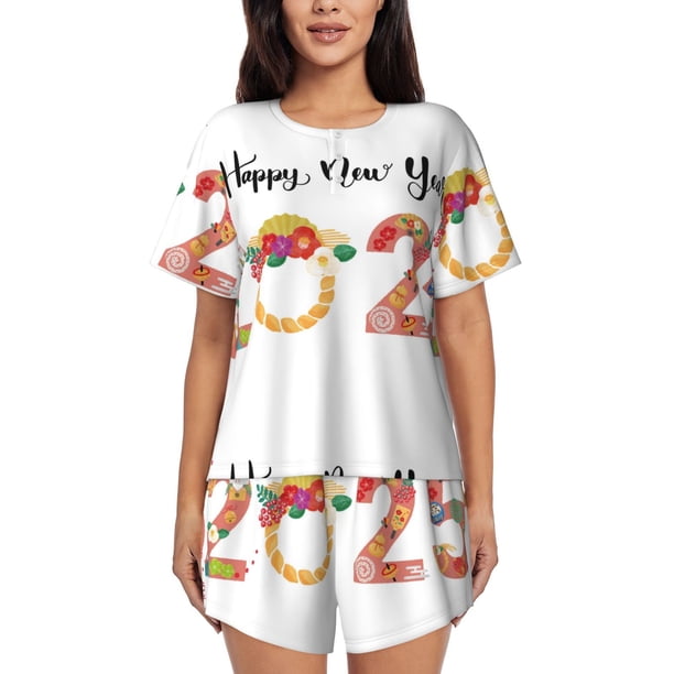 Balery 2025 New Year'S Conjunto de Pijama para Mujer con Estampado, Dos Piezas de Manga Corta y Shorts, Ropa de Dormir Suave con Cuello Redondo y Bolsillos-4X-Large