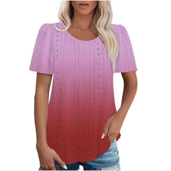 XuJwPNcy Summer Tunic Tops for Women Trendy Casual Short Sleeve Crewneck Eyelet Blouses Curved Hem Tunic