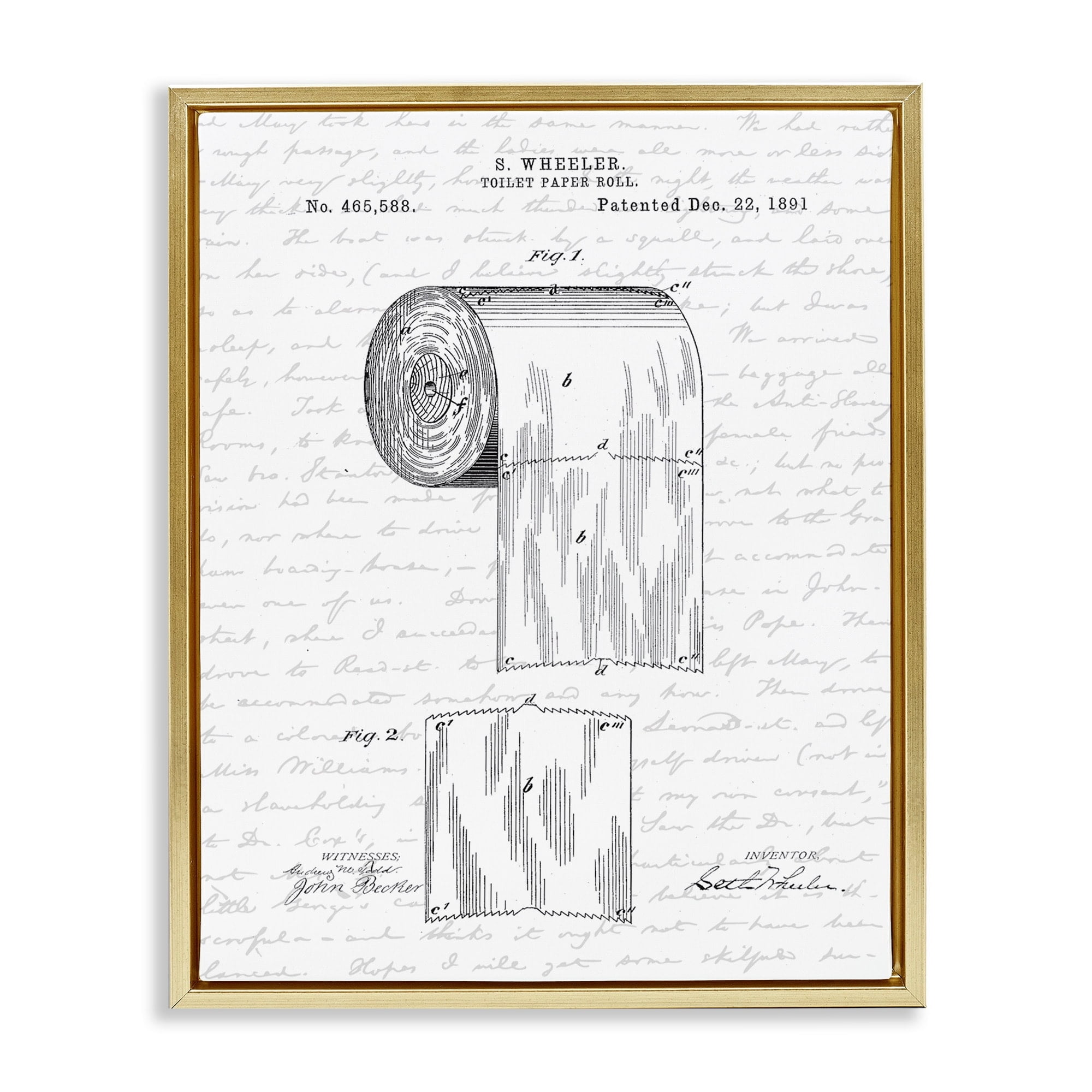 Stupell Industries Toilet Paper Roll Patent Black And White Bathroom Design Metallic Gold Framed Floating Canvas Wall Art, 16x20, by Lettered and Lined