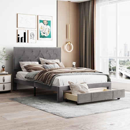 SESSLIFE Full Upholstered Bed Frame with Adjustable Headboard  Full Bed Frame with a Storage Drawer  Mattress Foundation  No Box Spring Needed  Easy Assembly