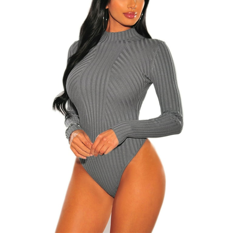 Women One Piece Ribbed Knit Bodysuit, Mock Neck Long Sleeves Solid