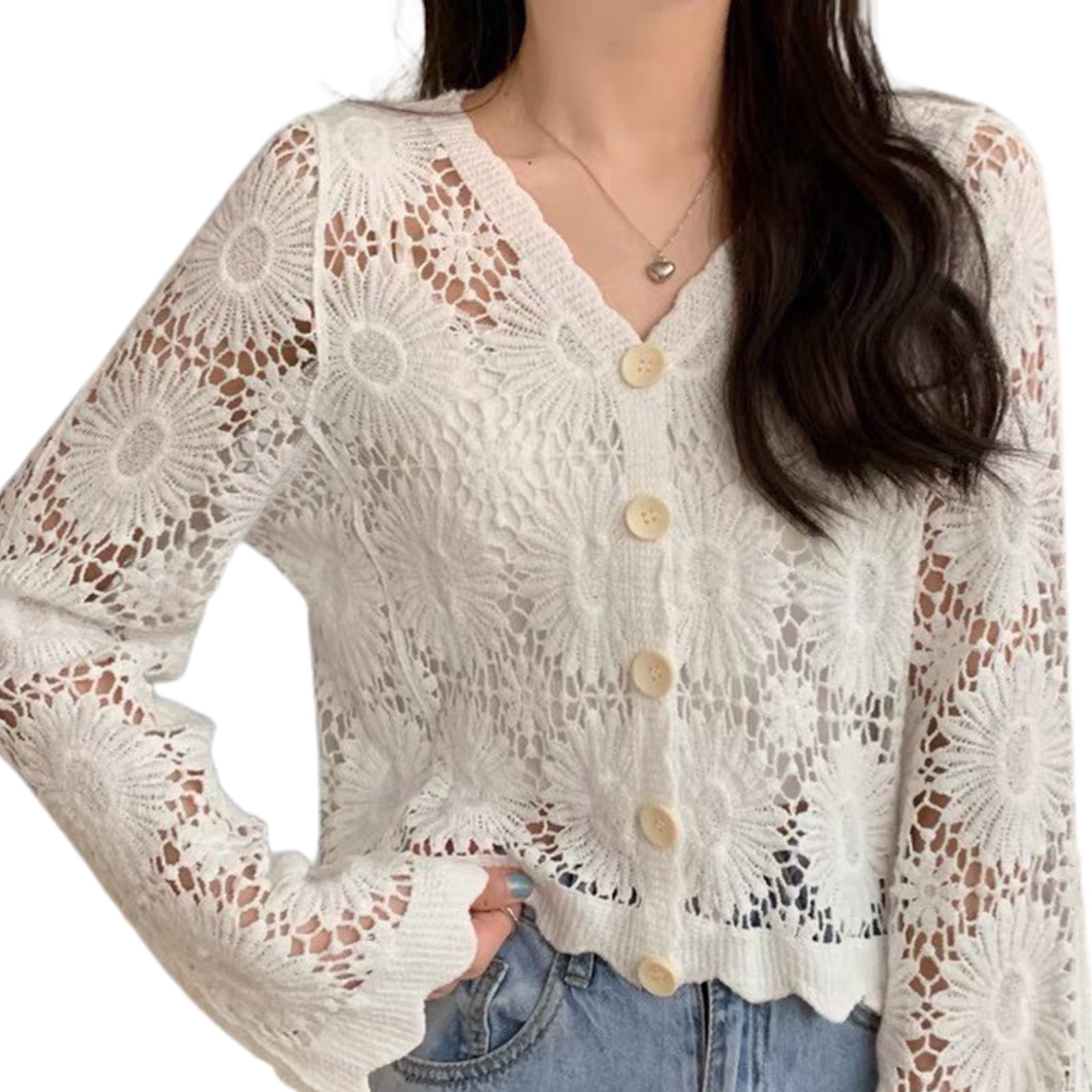 ZUARFY Women Flare Long Sleeve Crochet Cardigan VNeck Open Front