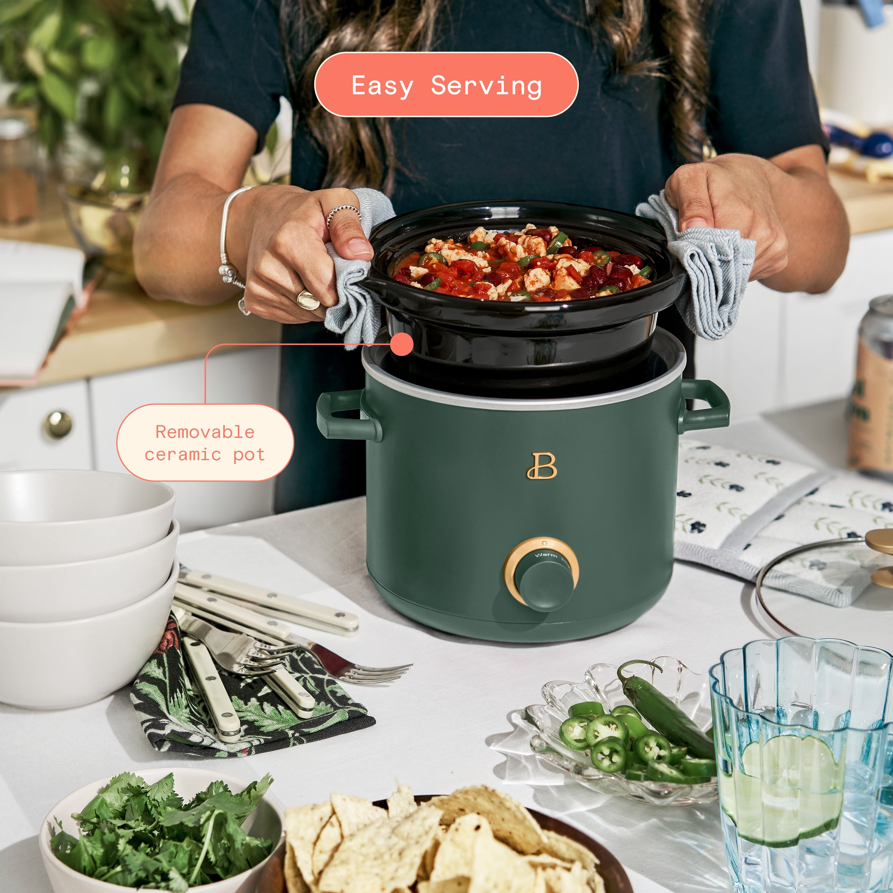 Beautiful 2 Qt Manual Slow Cooker, 2-Pack, Thyme Green + Porcini Taupe by Drew Barrymore