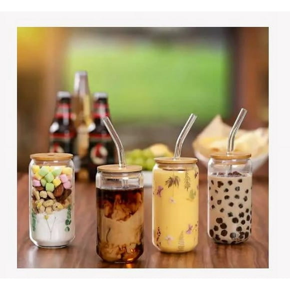 Classic Glass Cups with Bamboo Lids, Perfect for Iced Coffee, 400ml, Durable High Borosilicate Glass, Easy DIY Customization, Dishwasher Safe, Includes Cleaning Brush, Ideal Gift Set