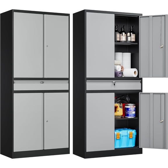 Metal Garage Storage Cabinets with Lockable Doors and Adjustable Shelves, 71" H Tool Cabinet for Home, Office, Warehouse (Black Grey)