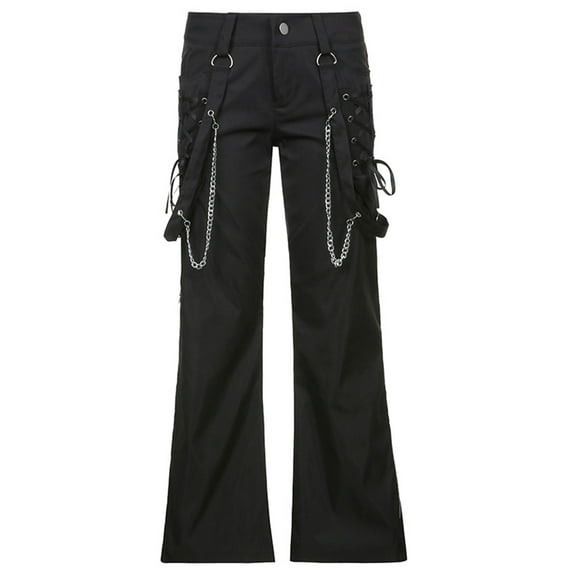 Aellinatey Women Gothic Wide Leg Cargo Pants with Chain Side Split Zipper Baggy Trousers