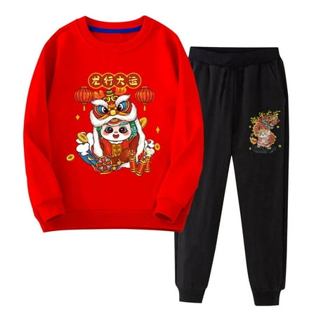 

LHWEN Hallowe-en Christmas Boys Girls Sets Toddler Boys Winter Children s Red New Year Wear Boys And Girls Children Dragon Year Casual Sweatshirt Pants Two Sets