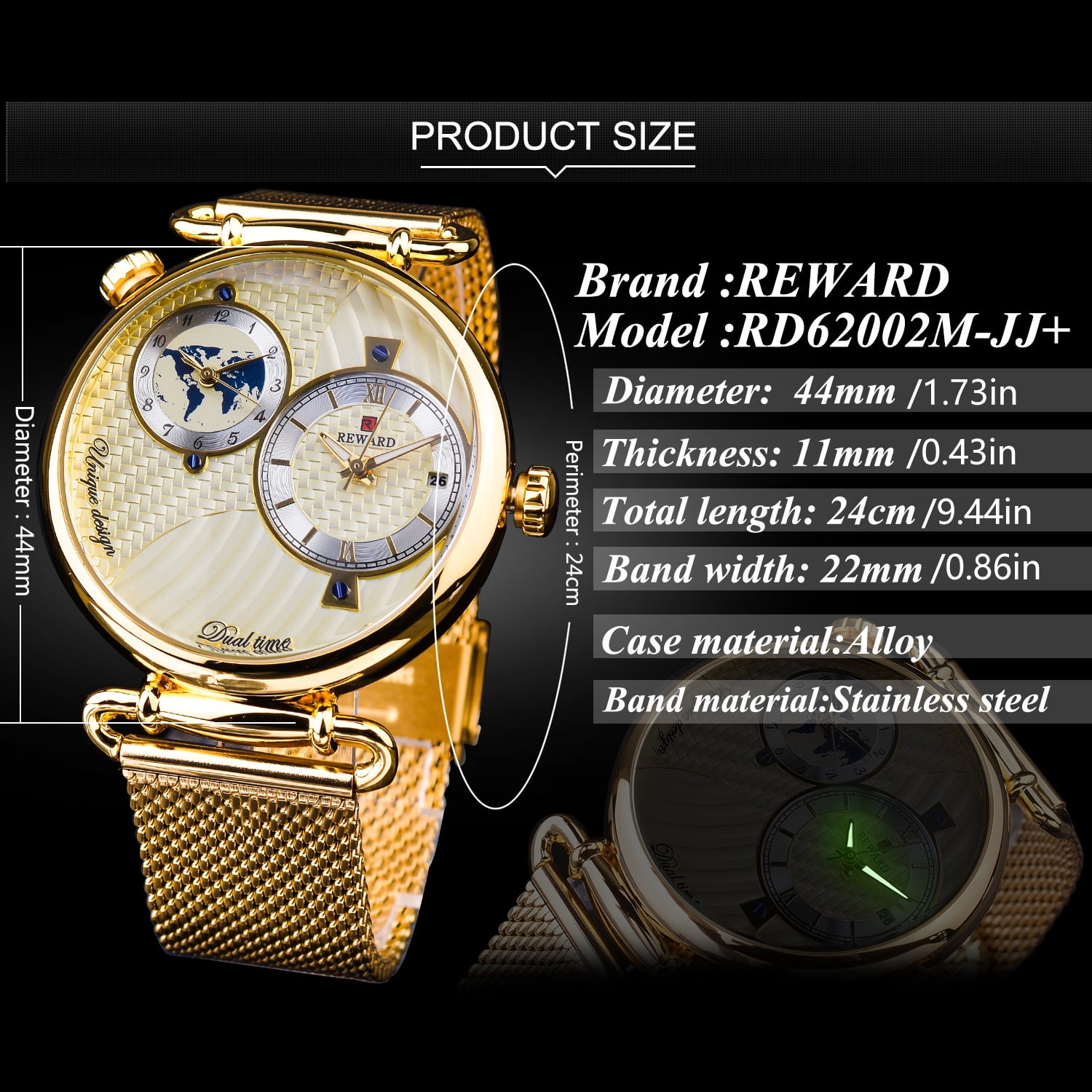 REWARD 2025 Men Watches Golden Classic Vintage Watch For Business Quartz Wristwatch With Gift Box Dual time zone, luminous, Waterproof, Calendar