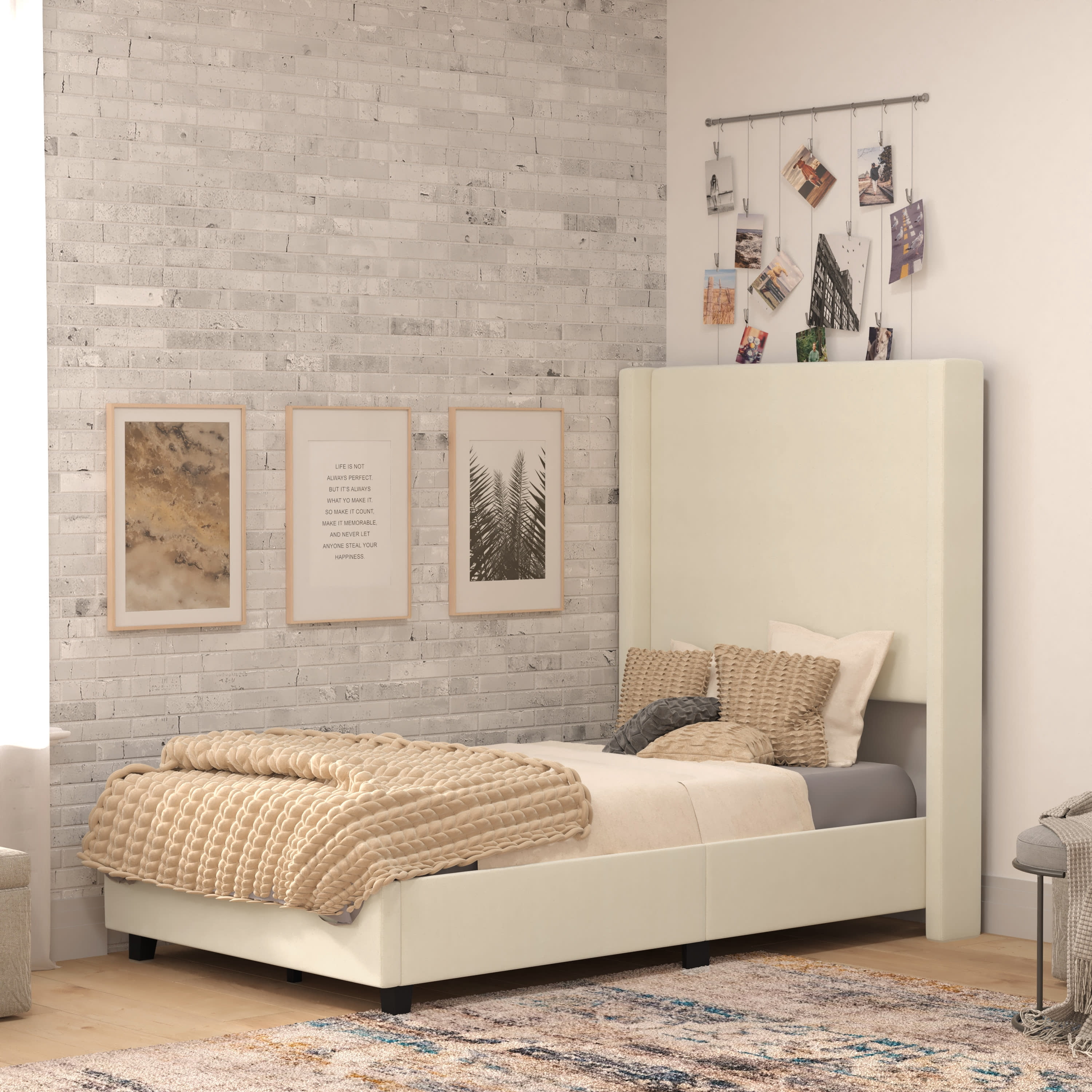 Flash Furniture Quinn Twin Upholstered Platform Bed with Channel Stitched Wingback Headboard, Mattress Foundation with Slatted Supports, No Box Spring Needed, Beige