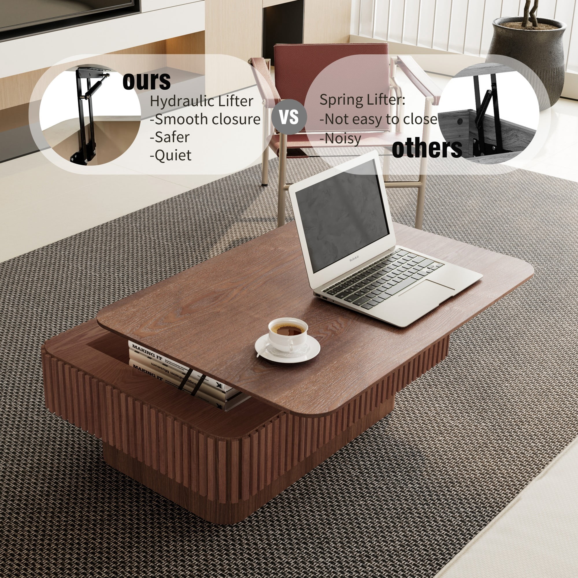 Lift Top Coffee Table with Storage, 38.6" Fluted Coffee Table with Adjustable Height, Modern Wood Veneer Center Table for Living Room, Walnut