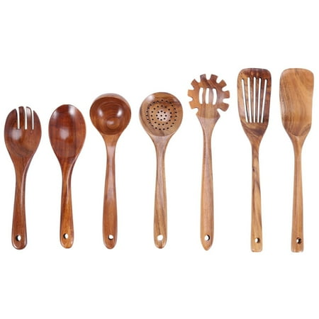 

7 Pcs Wooden Kitchen Utensils Set Wooden Spoons Non-Stick Finish for Cooking Natural Teak Wood Kitchen Spatula