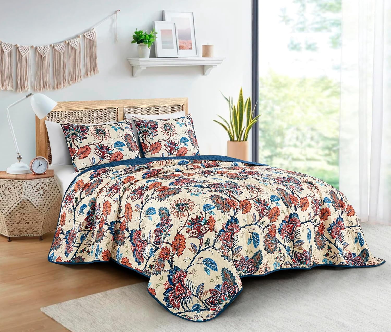 Chezmoi Collection Paradise 3-Piece Floral Quilt Set King, Multicolor Blue Red Orange Cream Printed Microfiber Lightweight Bedspread Set for All season