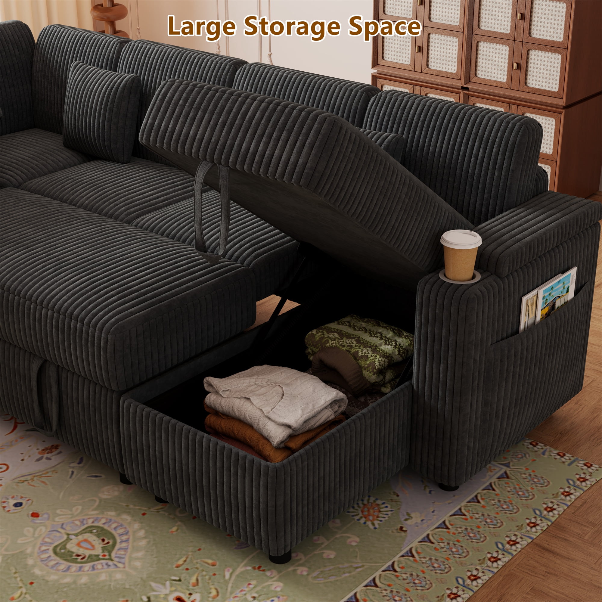 Aukfa 6 Seat L shape Sectional Couch Convertible Sofa Bed with USB &Cupholder Arm Storage Console, Floating Desktop, 4 Pillows, Corduroy, Dark Gray