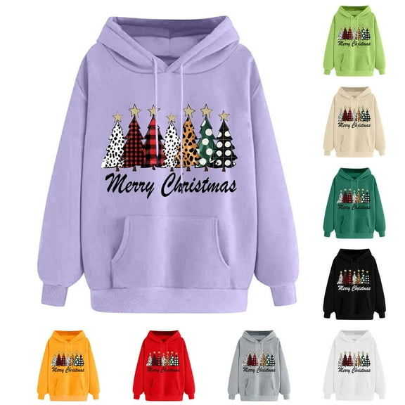 Hueook Christmas Hoodies for Women Women's Print Winter Hoodie Pullover Long Sleeved Comfortable Sweatshirt Black L