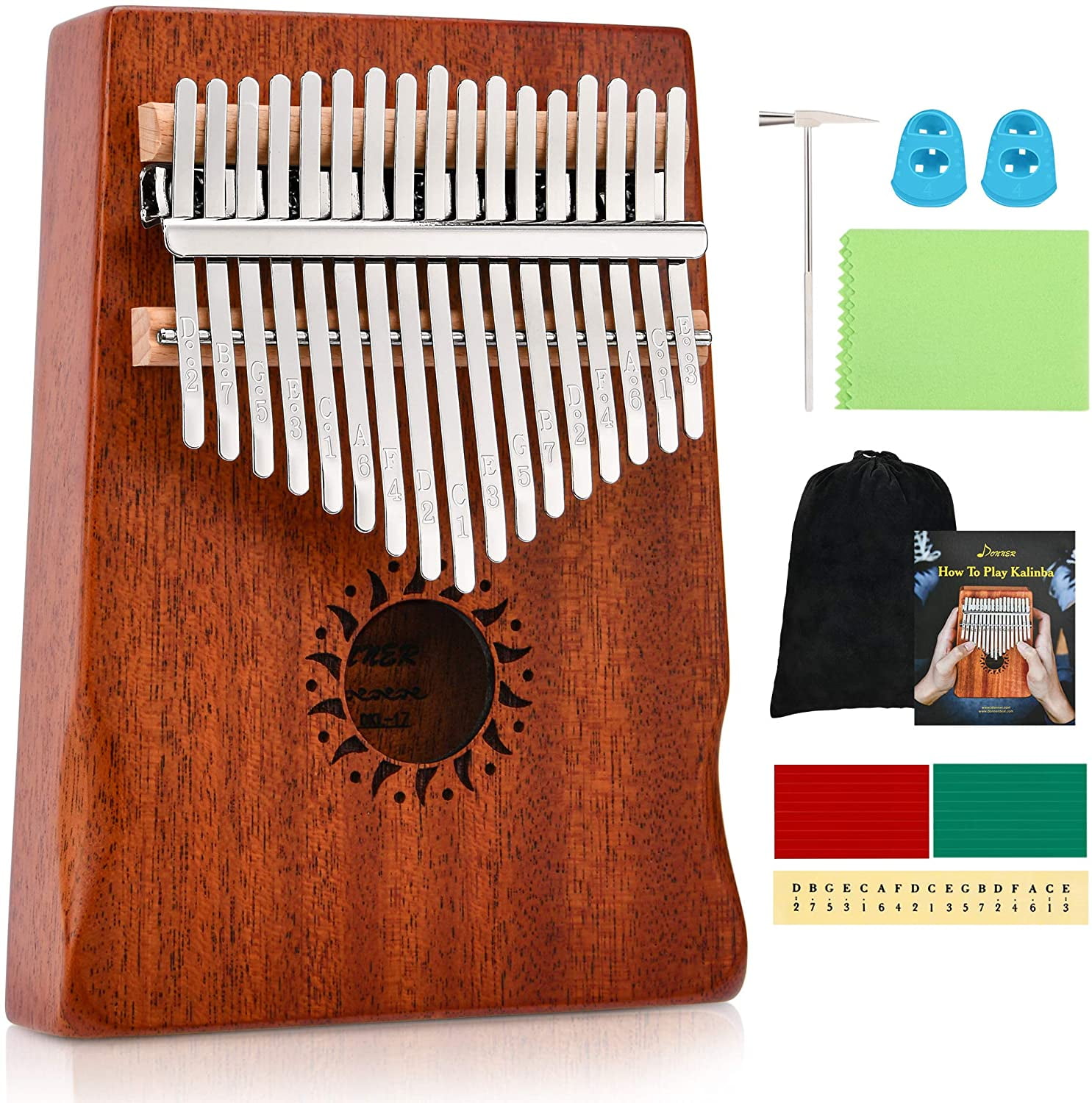 17 Keys Kalimba African Solid Mahogany Body Unique Gift for Kids Adults. Portable Finger Piano Mbira Musical Instrument with Tune Hammer Key Stickers and Bag Instruction Book Wood Thumb Piano 