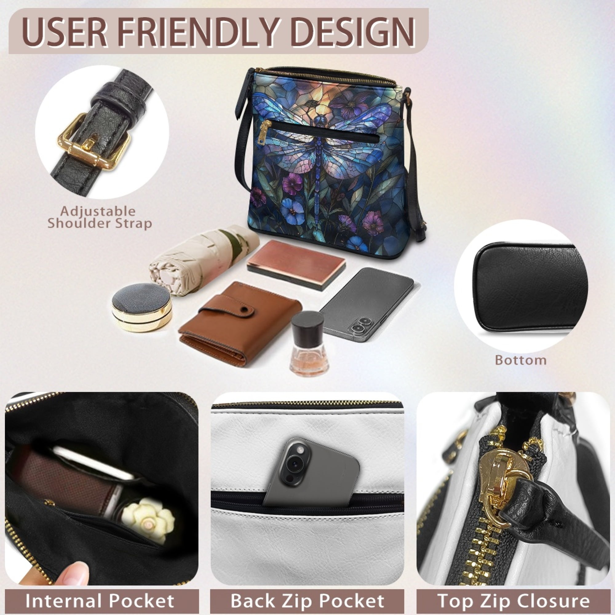 Kuiaobaty Dragonfly Flower Print Crossbody Bag for Women, Waterproof Portable Leather Satchel Purse with Adjustable Strap, Lightweight Casual Shoulder Handbag Crossbody for Travel