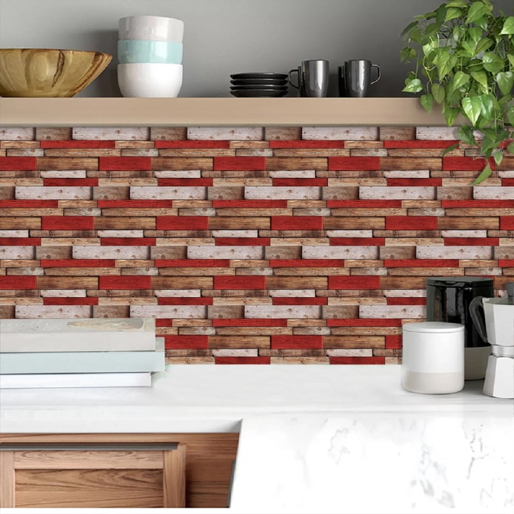 12Pcs Self-Adhesive Wallpaper Retro Red Shaped Wood-Grain