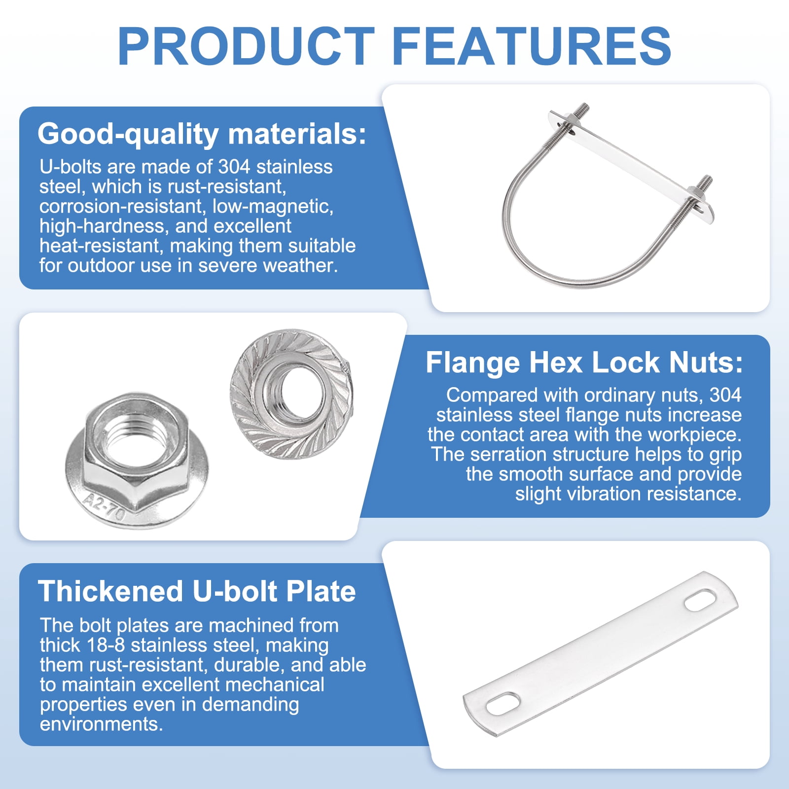Uxcell 4 Set 3" Inner Wide Round U Bolts,  3-9/16" Length 304 Stainless Steel U-Bolts with Flange Hexagon Nuts, Frame Plates for Trailer, Automotive, (76mm W x 91.2mm L)