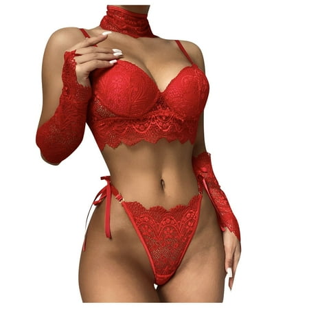 

QWERTYU High Waisted Teddy Bra and Panty Sets for Women 3PCS Eyelash Babydoll Lingerie Set Lace Sexy Lingerie with Glove Red L