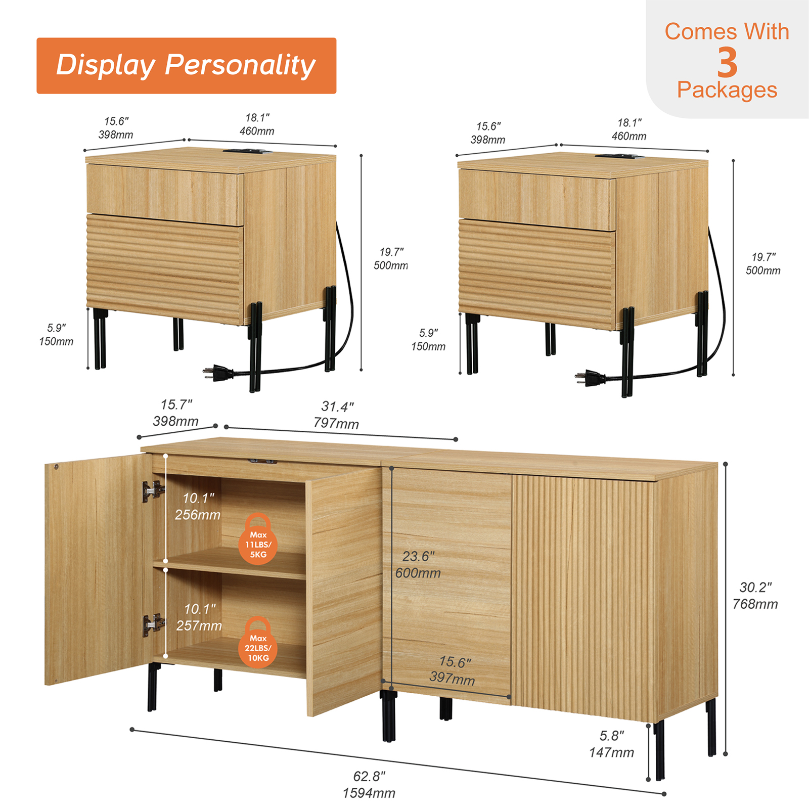 4 Pcs Bedroom Set，Wooden Dresser and Nightstand Sets for Bedroom, Reeded Dresser Set with Adjustable Shelves, Night Stand of 2 with Charging Station