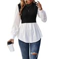 thumbnail image 2 of Camisa de Mujer con Botones y Diseño Patchwork, Larga, Cuello Redondo, Dos en , de Punto Canalé, con Volantes. Negro M, 2 of 8