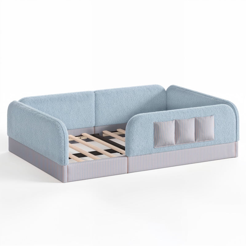 Full Size Kid's Upholstered Floor Bed Frame, Montessori-Style Low Profile Platform Bed with Safety Guardrail & Storage Pockets