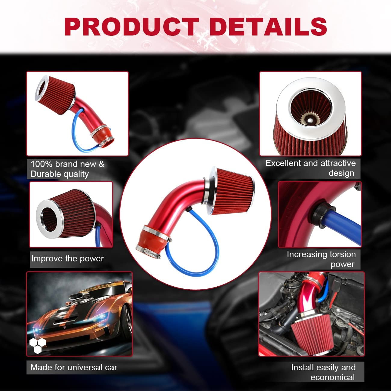 Universal Car Cool Air Intake Kit 3 Inch Diameter Pipe Aluminium Automotive Filter Induction Low Hose and Clamp Kits (Red)