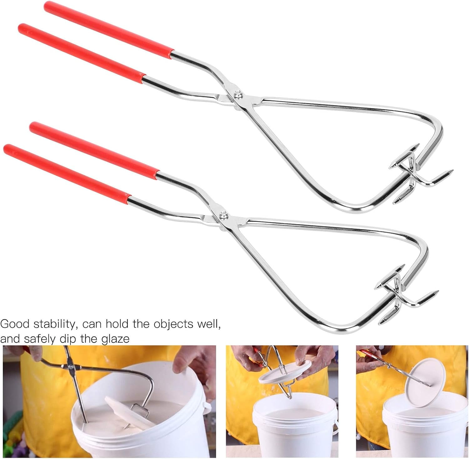 ABCISI 2Pcs Dipping Tongs Glazing Tools, 12.8in Long Ceramic Glazing Tongs, Stainless Steel Pottery Clay Glaze Clamps Ceramic Glazing Tools with Rubber Handle for Kiln Clay