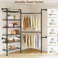 thumbnail image 3 of L2 Wall Mounted Closet System, Industrial Pipe Clothing Rack Clothes Racks with 2 Telescopic Rod & 6 Shelves, Heavy Duty Closet Organizers System in Wardrobe Closet, Black, 3 of 8