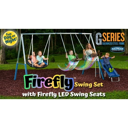 XDP Recreation Firefly Metal Frame Swing Set with  2 Firefly™-LED Swing Seats, Super Disc Swing, & Wave Slide