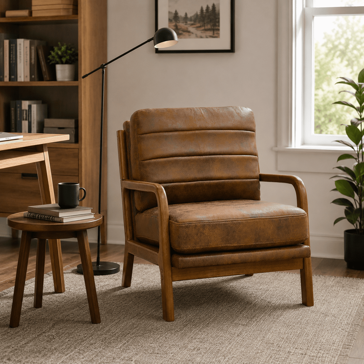 Homy Casa Mid-Century Accent Chair, Upholstered Reading Chair with Wood Frame, Brown