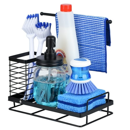 Wetheny Kitchen Sponge Holder-Kitchen Sink Caddy Organizer with Drain Pan 304 Stainless Steel for Sponges, Cleaning Cloth, Scrub Brush, Dish Soap and Hand Sanitizer ( Black )