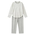 thumbnail image 2 of sdhkgrrt Women's 2 Piece Pajama Set Striped Long Sleeve Round Neck Pullover Tops Wide Leg Pants Casual Outfit Soft Comfy Stretchy Lounge Tracksuit, Gray L, 2 of 5
