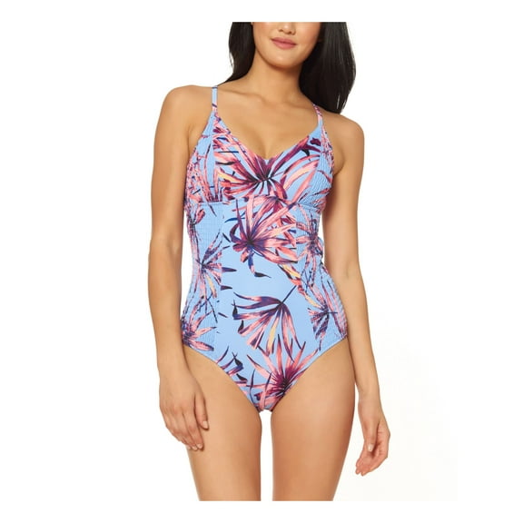 JESSICA SIMPSON Women's Blue Palm Print Stretch Moderate Coverage Smocked Palmy Days One Piece Swimsuit S