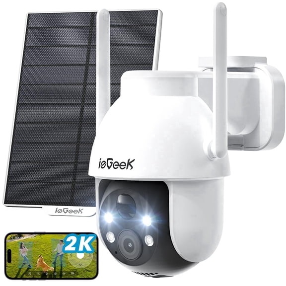 2K Solar WiFi Camera Security Cameras Wireless Outdoor, for Home Security System, Battery Powered Surveillance Cam with Solar Panel, 360° PTZ Color Night Vision, Motion Sensor, Works with Alexa