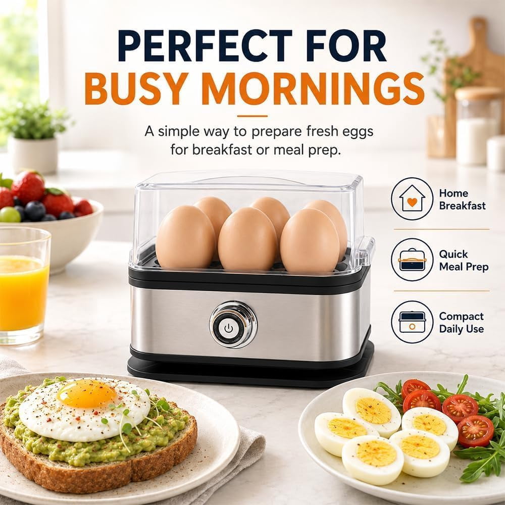 Multifunctional Egg Steamer with Clear Lid, Electric Egg Cooker for 6 Eggs with Auto Shutoff, 304 Stainless Steel Rapid Cooker with Dry-Burn Protection for Soft, Medium or Hard-Boiled Eggs (1PC)