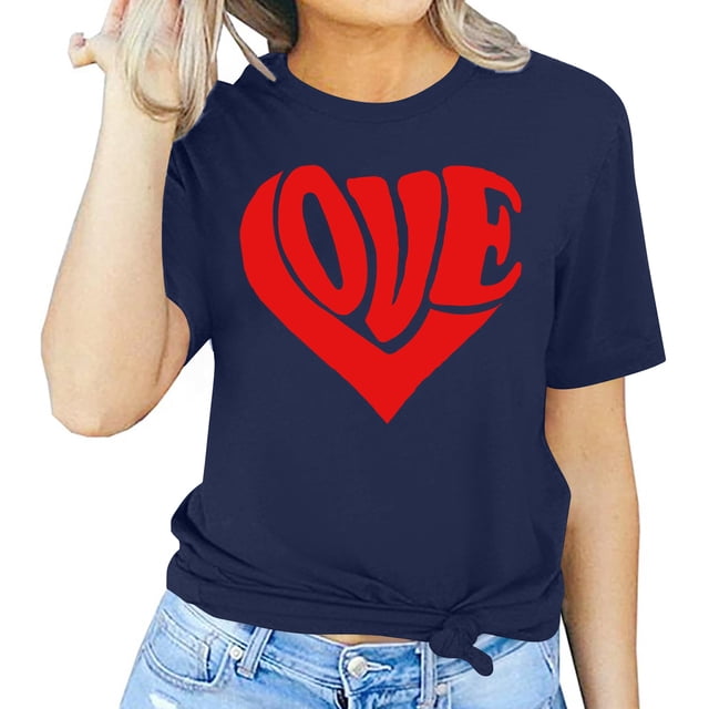 Meichang T-Shirt de la Saint-Valentin pour Femmes Mignons Cœurs Graphiques Hauts Mignons T-Shirts de Vacances Manches Courtes Col Rond Mode 2025
