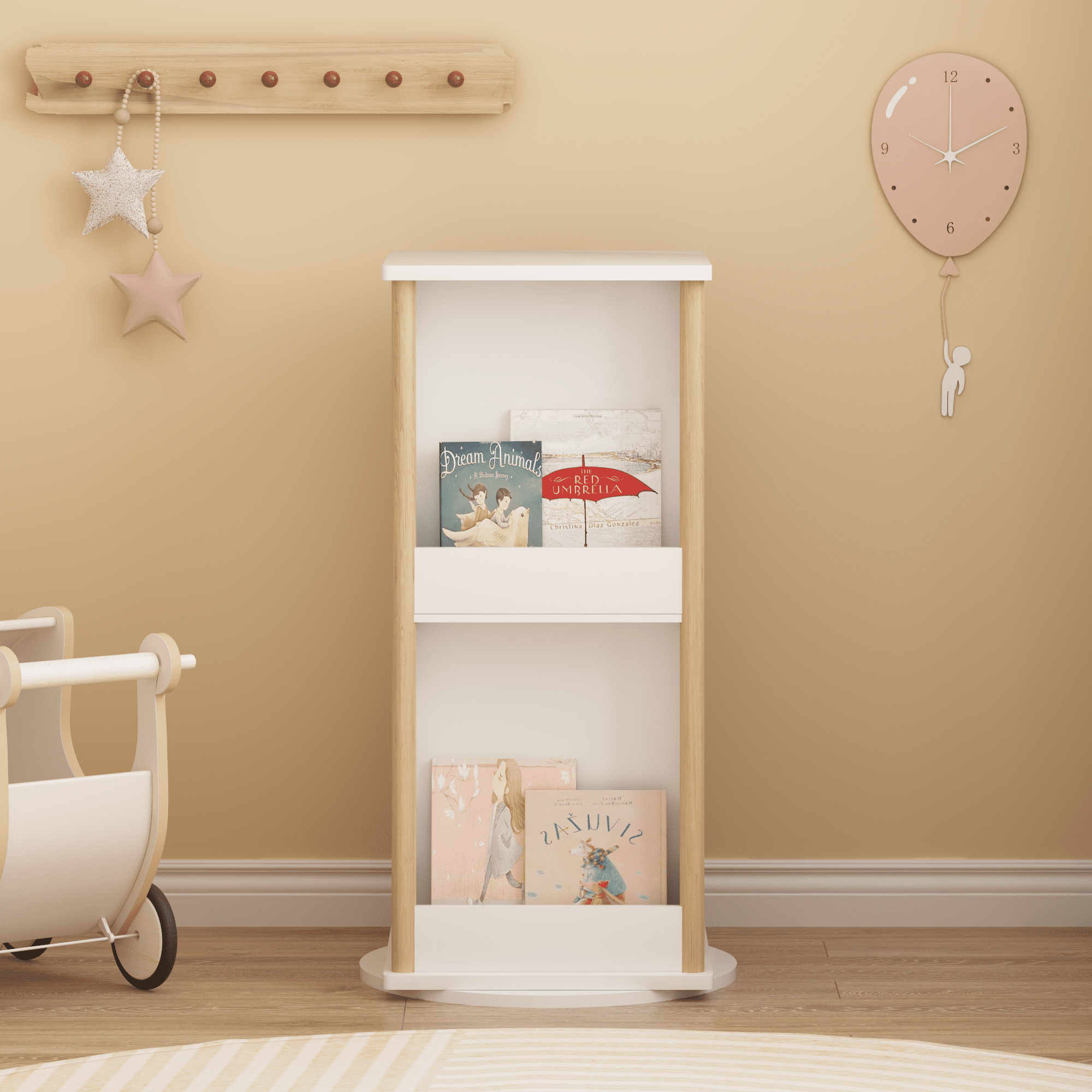 360° Rotating Kids Bookshelf with Chalkboard, 3-Tier Wood Floor Revolving Bookcase & Toy Storage Organizer, Picture Book Display Stand for Toddlers, Nursery & Playroom, White and Natural