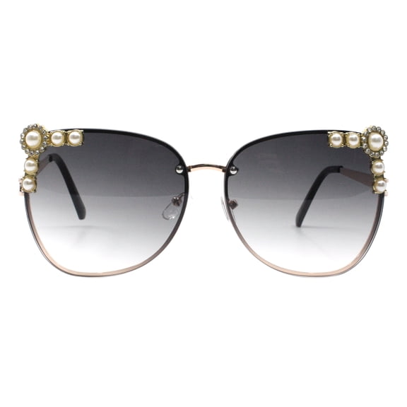 Womens Romantic Fashion Sunglasses Rimless Style Pearl & Rhinestones Smoke