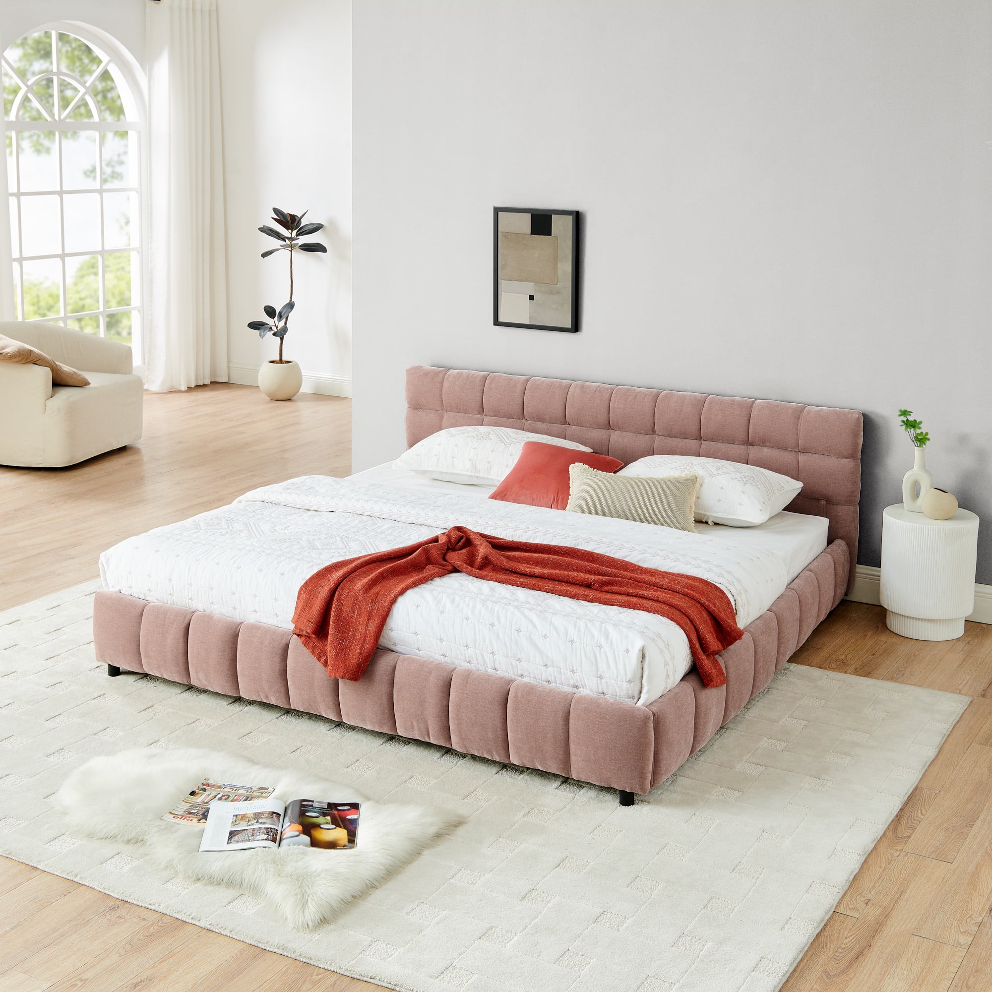 Harper & Bright Designs King Size Upholstered Bed Frame with Storage Drawers, Chenille Platform Bed with Headboard and Solid Frame for Bedroom, Pink