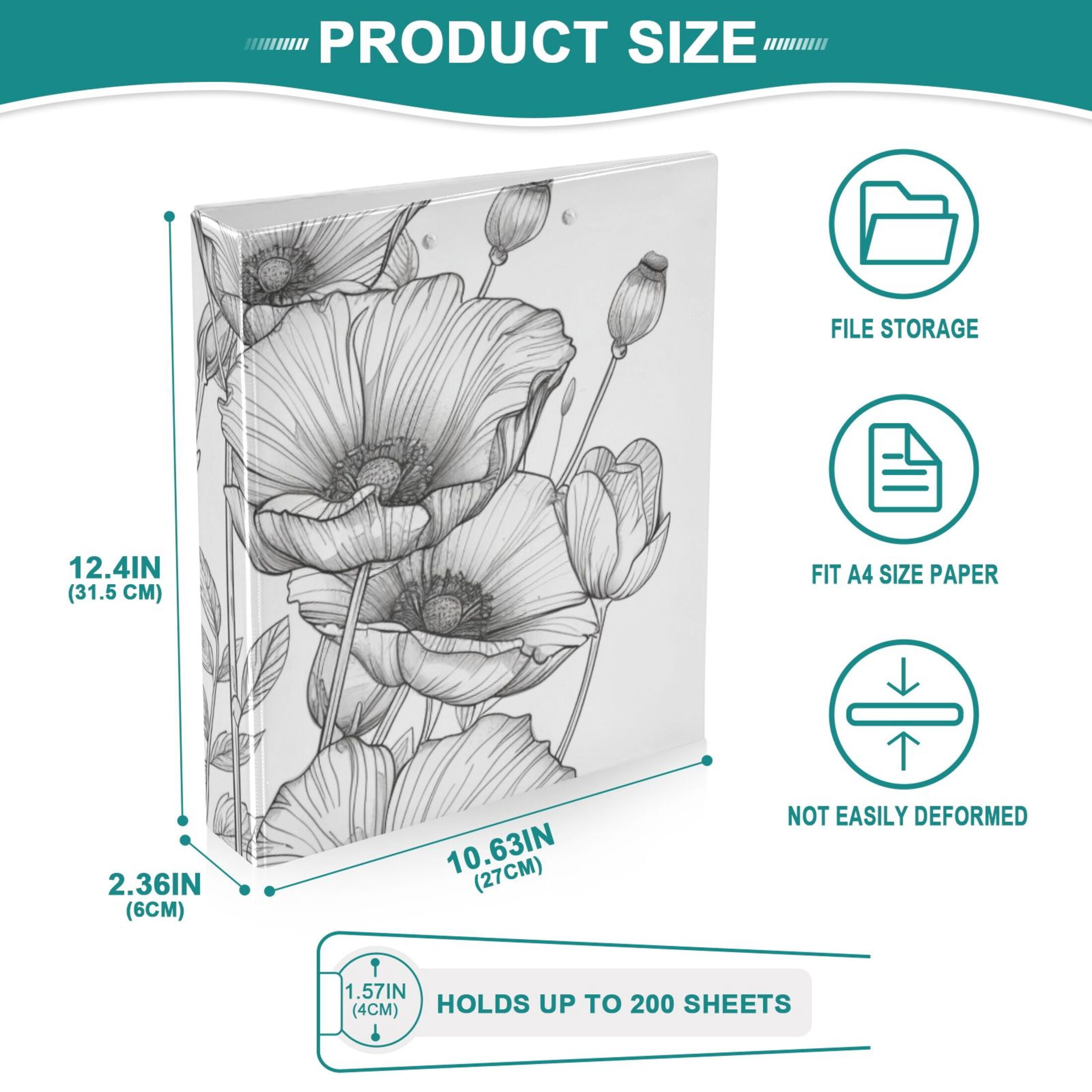 Line Flowers 3 Ring Binders 1.5 inch Hardcover File Folders with Interior Pockets A4 Size Organizer for School Office Hospital