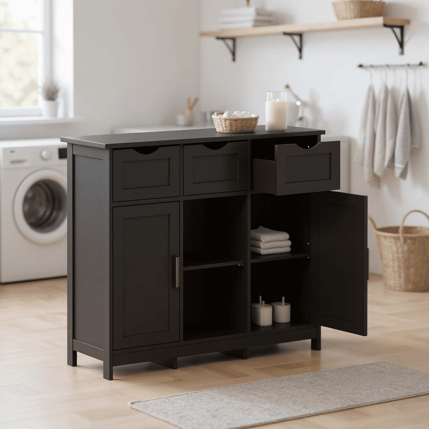 Homy Casa Storage Cabinet with 2 Doors and 3 Drawers, Adjustable Shelves, Sideboard for Kitchen, Entryway
