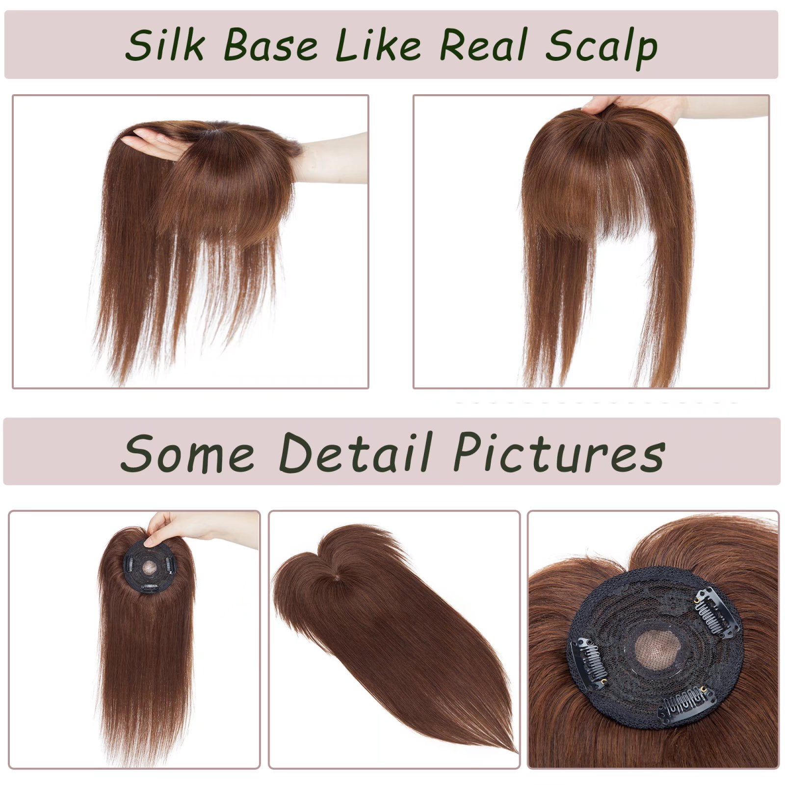 MY-LADY Hair Toppers for Women Real Human Hair with Bangs 3 Clip In Remy Topper Hairpiece for Thin Hair Natural Looking Hair Extensions 14inch #04 Medium Brown