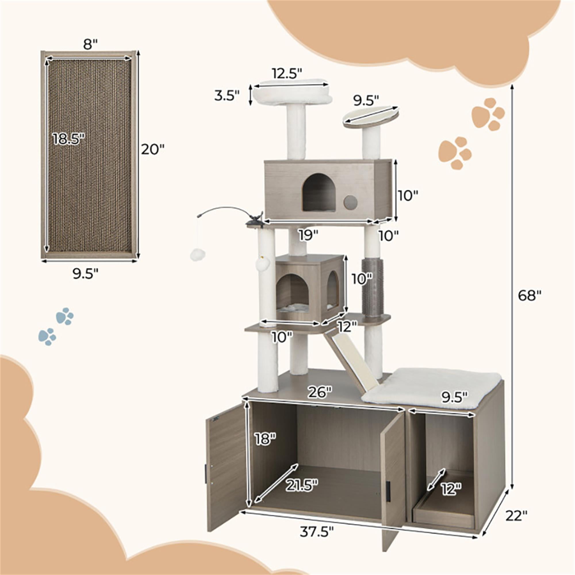 Kadyn 68" Cat Tree with Wood Litter Box Enclosure, All-in-one Indoor Cat Furniture with Large Platform and 2 Condo, Modern Style Cat Tower, Gray