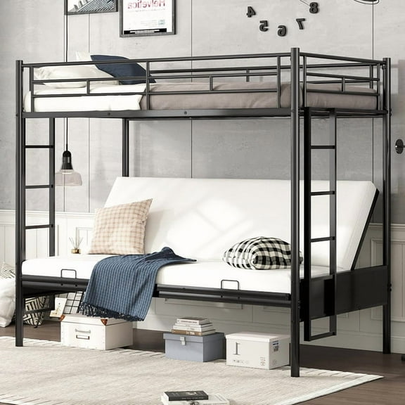 Twin Over Futon Bunk Beds, Metal Bunk Bed Frame can be Converted into Bed and Couch, Twin Over Full Bunk Bed with Ladder, No Box Spring Needed-Black