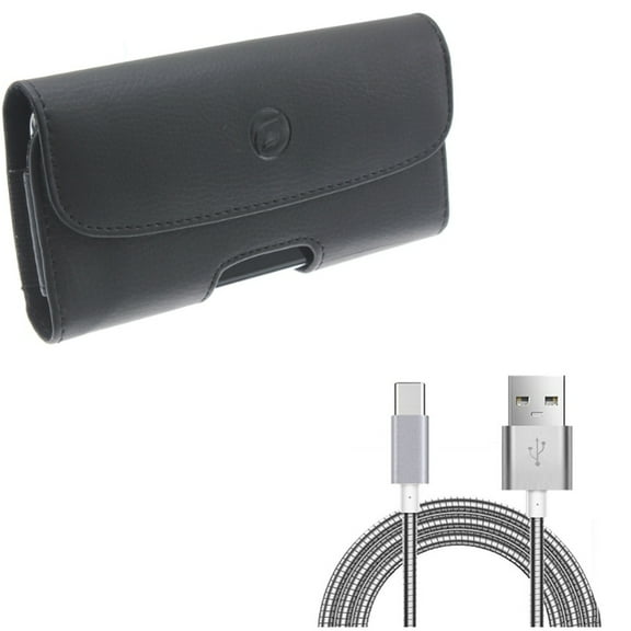 3ft Metal USB Cable w Leather Case Belt Clip for Google Pixel 6 - Type-C Charger Cord Power, Holster Cover Loops Z1V Compatible With Google Pixel 6