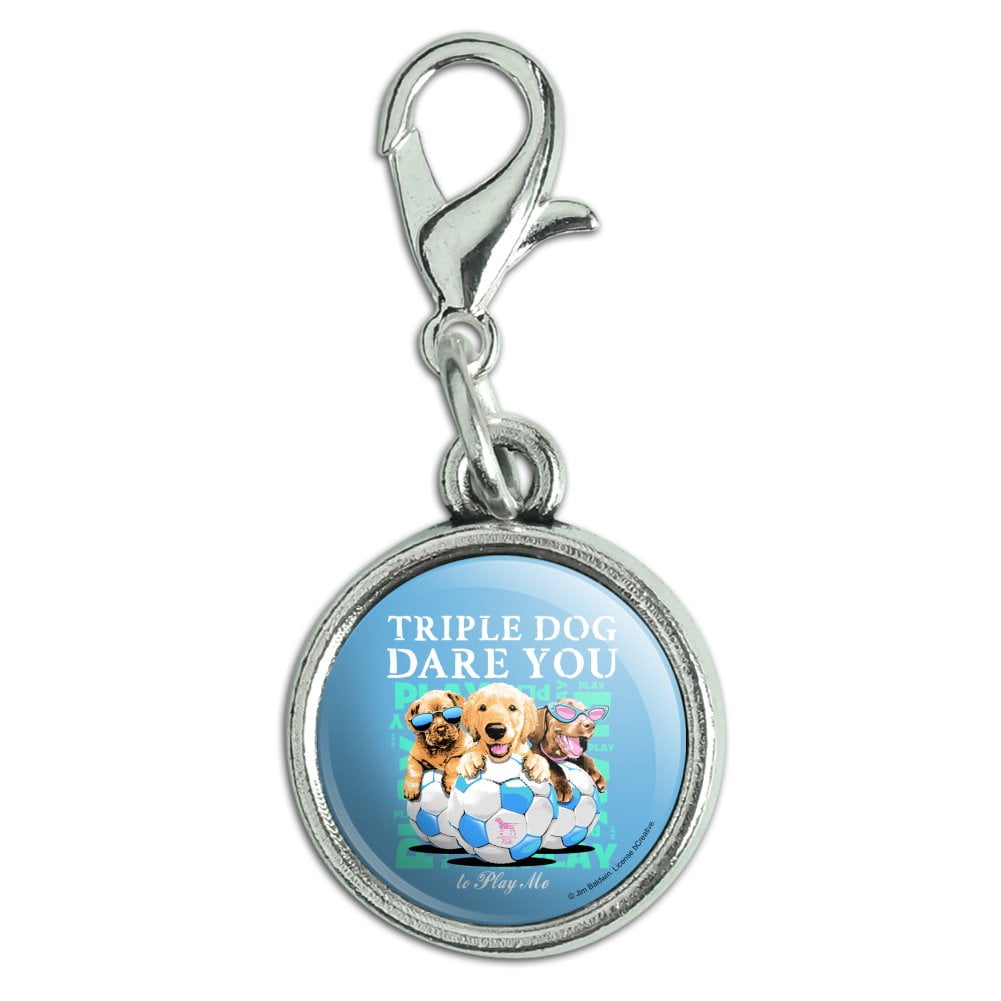 GRAPHICS & MORE Triple Dog Dare You to Play Me Puppies Soccer Balls Antiqued Bracelet Pendant Zipper Pull Charm with Lobster Clasp